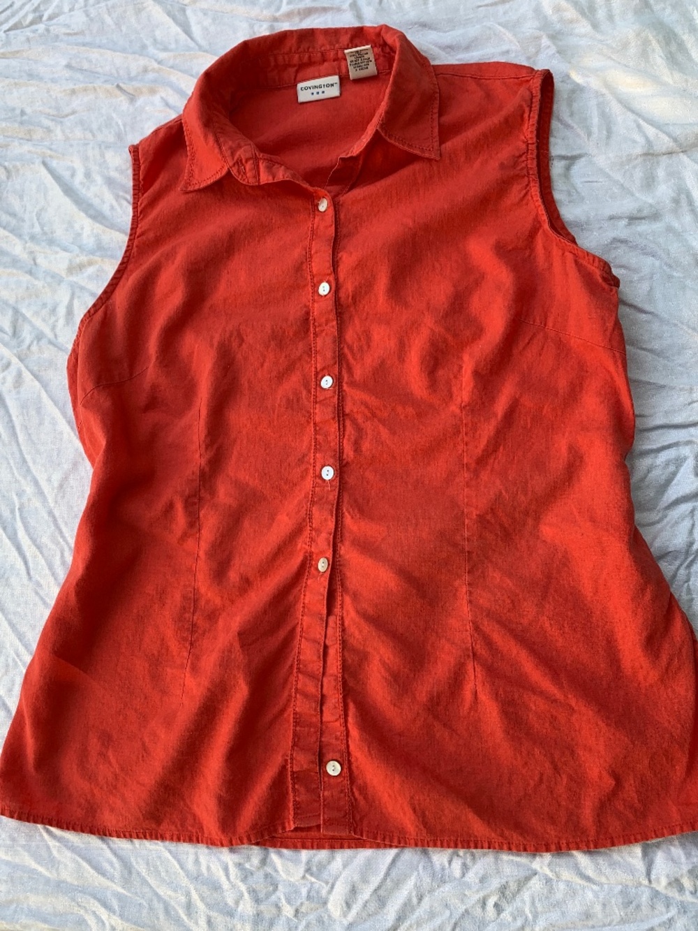Cotton natural fiber sleeveless button-down shirt with tie in back, orange, sz L